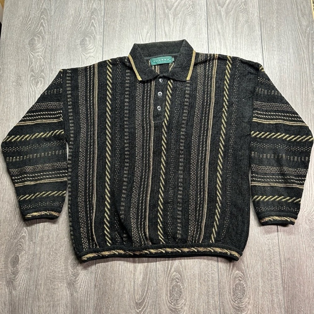 Vintage Tundra Canada Large 90s Knit Polo Sweater Black Gold Textured 3D Stripe